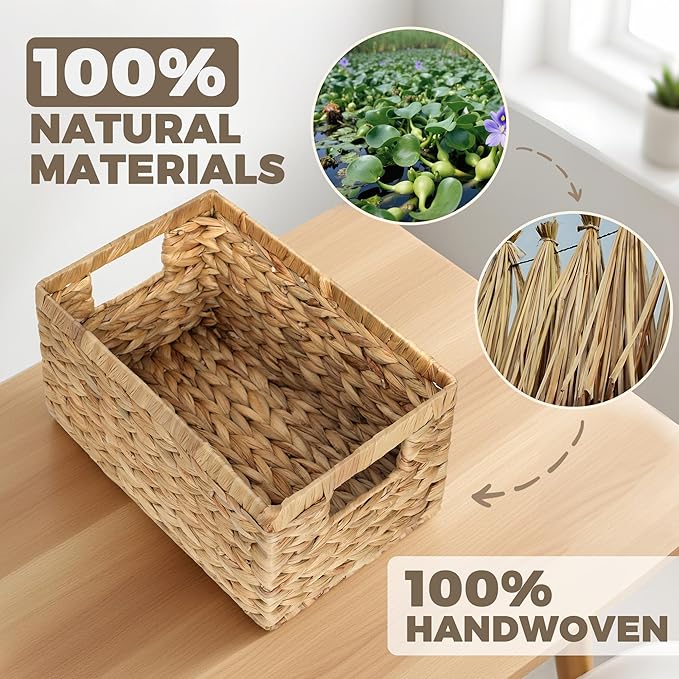 Set of 2 Wicker Shelf Storage Baskets for Organizing - Natural Durable Water Hyacinth Woven Basket Pantry Bin Organizers for Shelves with Handles for Home & Decor Organization, 12.5” x 8” x 6.5”
