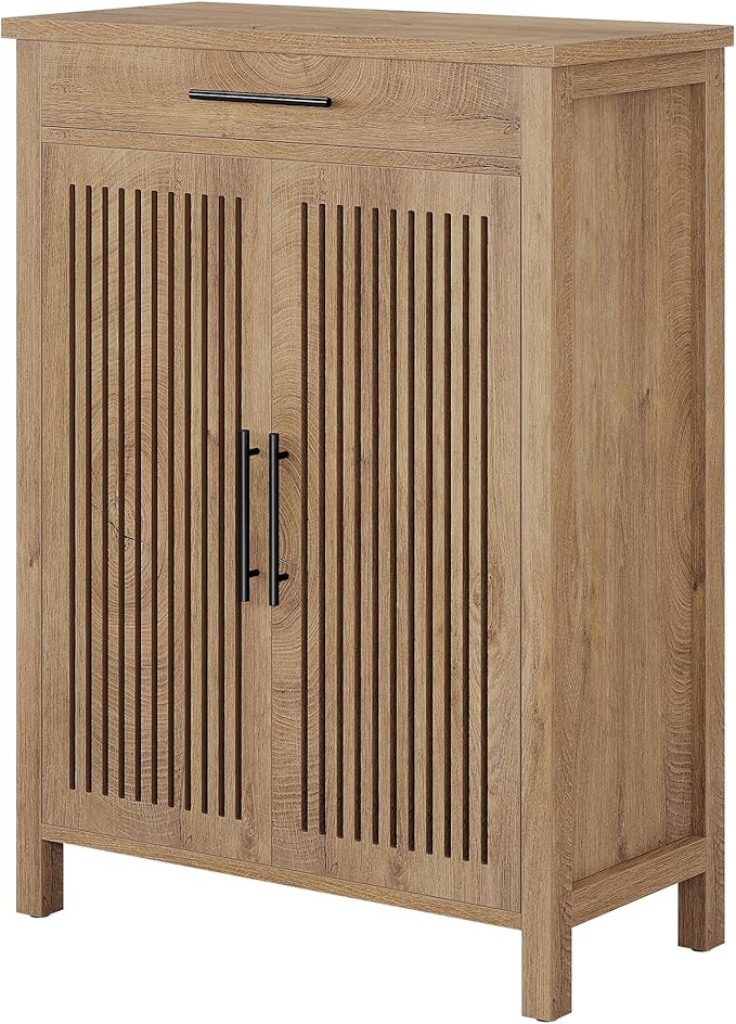 Tribesigns Shoe Cabinet, 5-Tier Shoe Storage Cabinet with Louvered Doors and Drawer, Freestanding Wooden Shoe Rack Organizer with Adjustable Shelves for Entryway, Hallway, Natural