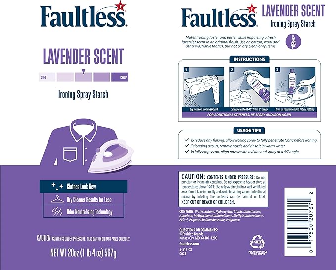 Laundry Starch Spray, Faultless Lavender Aerosol Starch 20 oz Cans for a Smooth Iron Glide on Clothes & Fabric Even Spray, Easy Iron Glide, No Reside (Pack of 4)