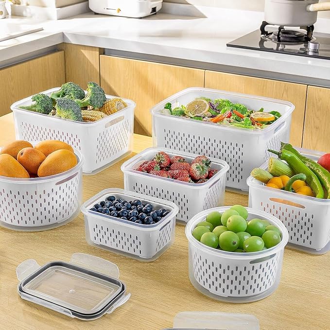 5 PCS Large Fruit Containers for Fridge - Leakproof Food Storage Containers with Removable Colander - Dishwasher & microwave safe Produce Containers Keep Fruits, Vegetables, Berry, Meat Fresh longer