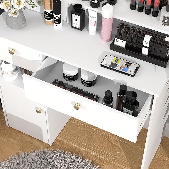 MISHAO Vanity Desk Set w/Mirror & Lights, 37" Makeup Vanity Table w/Chair & Power Outlet, Storage Drawers & Open Shelves, 3 Color Modes & Adjustable Brightness Dressing Table for Bedroom, White