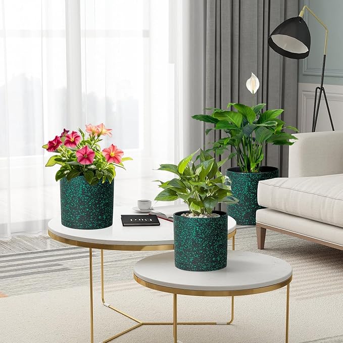 8/7/6 inch Plant Pots, 3 Pack Cylindrical Flower Pots for Outdoor Indoor Plants, Decorative Plastic Planters with Drainage Holes and Saucers for Garden House Plants, Black with Green Speckles