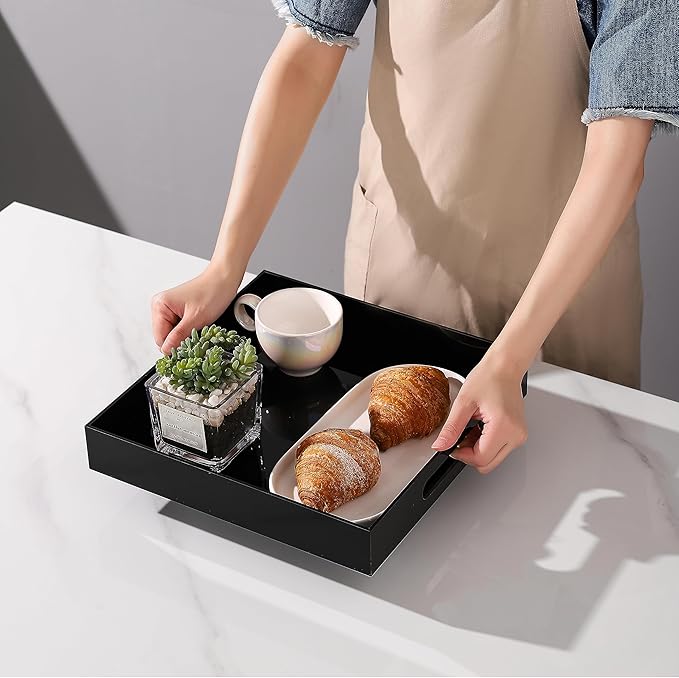 Glossy Black Sturdy Acrylic Serving Tray with Handles-12x12 Inch-Serving Coffee,Appetizer,Breakfast,Butler-Kitchen Countertop Tray-Makeup Drawer Organizer-Vanity Table,Ottoman Tray-Decorative