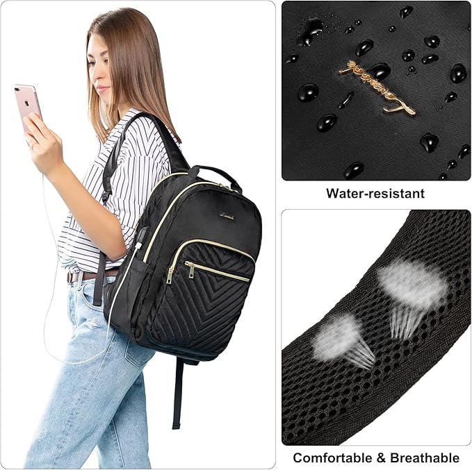 LOVEVOOK Laptop Backpack for Women 18.4 inch,Cute Womens Travel Backpack Purse,Professional Laptop Computer Bag,Waterproof Work Business College Teacher Bags Carry on Backpack with USB Port,Black