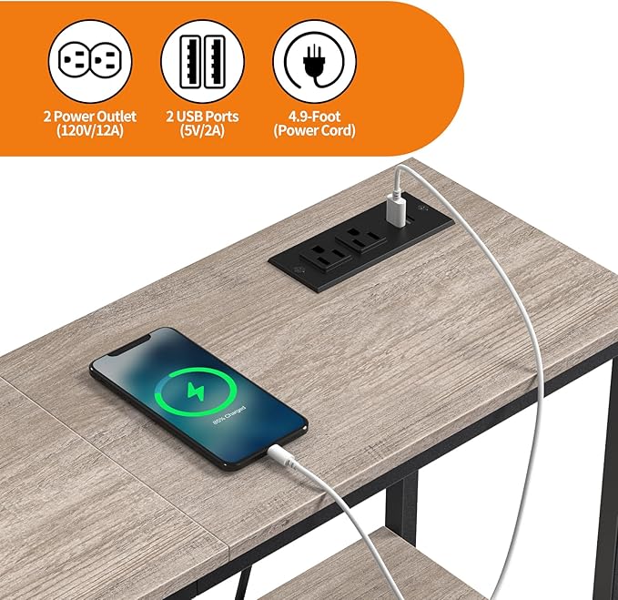 Snughome Console Table with Power Outlets, Entryway Table with Storage, Narrow Sofa Table with 3 Tier Shelves, 2 USB Ports, 2 Power Outlets, Hallway Table for Couch, Living Room, Entrance, Grey