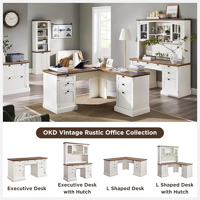 OKD 60" L Shaped Executive Desk with Drawers, Farmhouse Home Office Desk with Charging Station, File Cabinet Storage, Wood Corner Computer Desk for Work and Study, Antique White