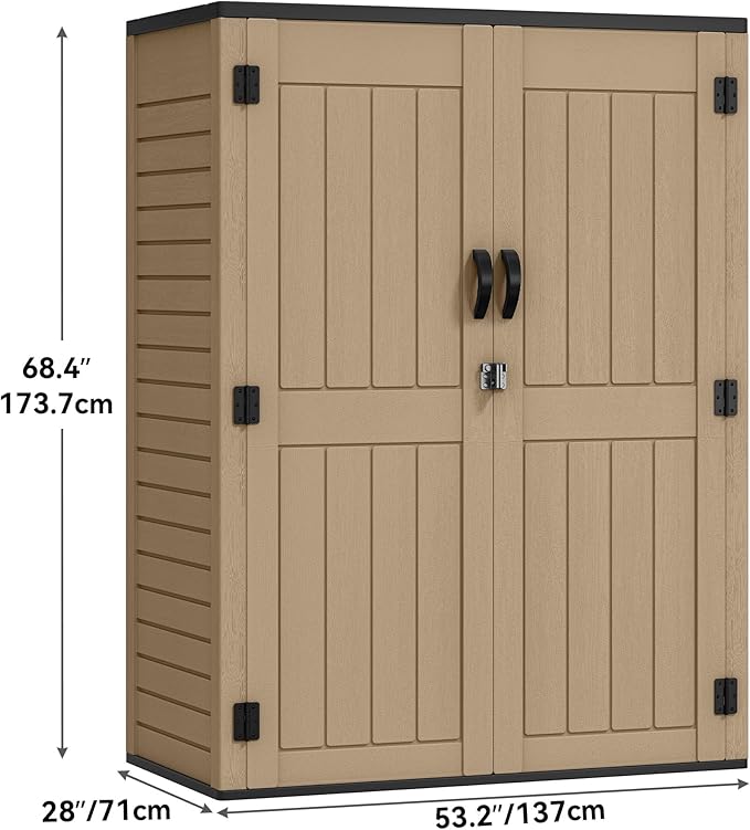 YITAHOME 59 Cuft Outdoor Tall Storage Shed, Waterproof Vertical Resin Shed for Garden, Garage, Patio, Lockable Tool Storage, No Shelves Included, Brown