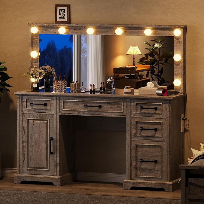 55'' Farmhouse Vanity Desk with Mirror and Lights, Large Makeup Table with Charging Station, Glass Tabletop & 5 Drawers, Rustic Dressing Table for Bedroom, Light Grey