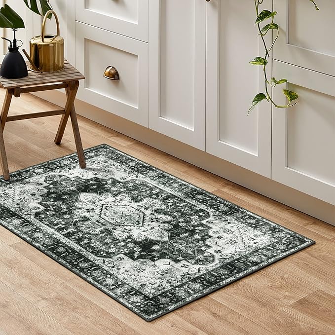Moynesa Washable 2x3 Entryway Rug Small Front Door Mat, Black and White Kitchen Rugs Non Skid Non-Slip with Rubber Backing, Distressed Low Pile Throw Carpet for Indoor Outside Entrance