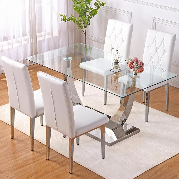 Modern Dining Table Set for 4, Glass Dining Table with 4 PU Leather Chairs, 63'' U-Shaped Legs and Rectangular Base