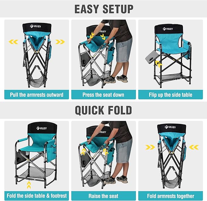 VILLEY Tall Directors Chair, Folding Camping Chairs, Makeup Artist Chair with Foot Rest, 900D Fabric for Tailgating Camp Lawn Picnic Fishing Beach, Supports 350 LBS, Blue