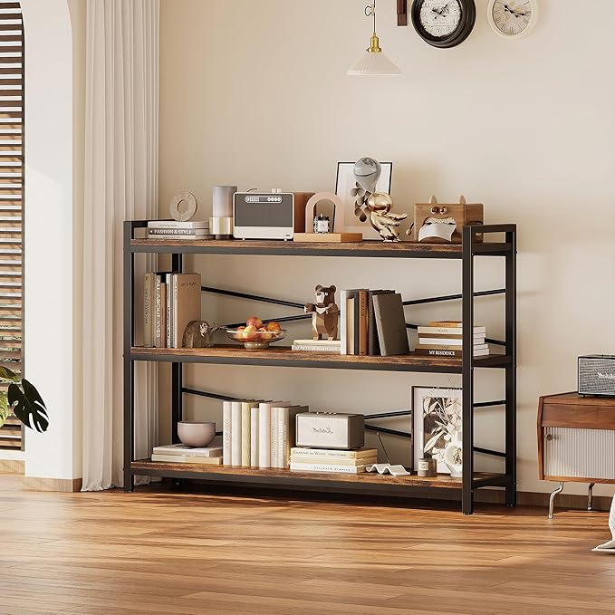 3 Tier Bookcase 47.24" Width, Long Industrial Book Shelf, Vintage Wooden Large Book Shelf for Home Living Room Bedroom Office Storage(Vintage)