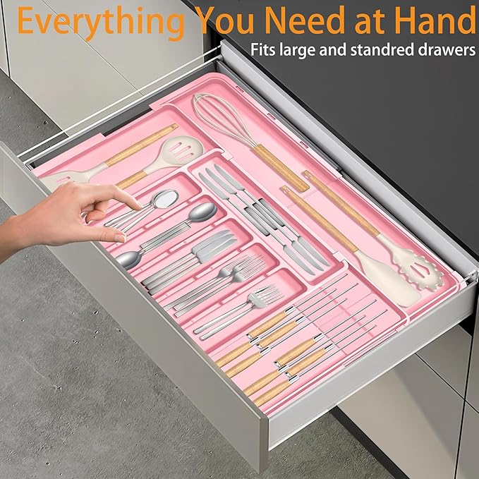 Homecor Silverware Organizer - Expandable Large Kitchen Drawer Organizer Utensil Organizer with 2 Knife Block Inserts, 22"x 19"Cutlery Tray with Drawer Dividers for Kitchen Flatware (Pink)