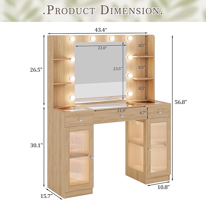 Makeup Vanity with Glass Top, Oak Vanity Desk with Mirror and Lights, Big Vanity with Drawers & Cabinets for Bedroom, Cute Vanity with Crystal Knobs & Power Outlet for Women, Girls
