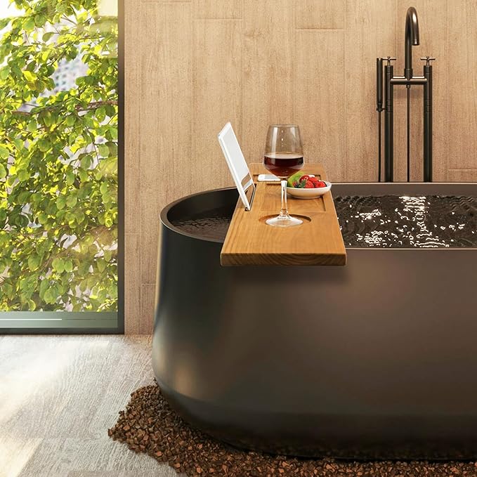 VaeFae Teak Bathtub Tray Table, Wooden Bath Board for Tub with Wine and iPad Holder