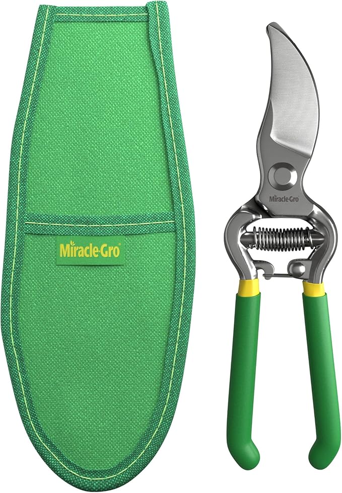 Miracle-Gro 8 in. Bypass Pruning Shears with Belt Pouch – 1/2 in. Cutting Capacity Hand Pruner with Carbon Steel Blade and Comfort Grip – Garden Tool for Live Plants and Soft Stems