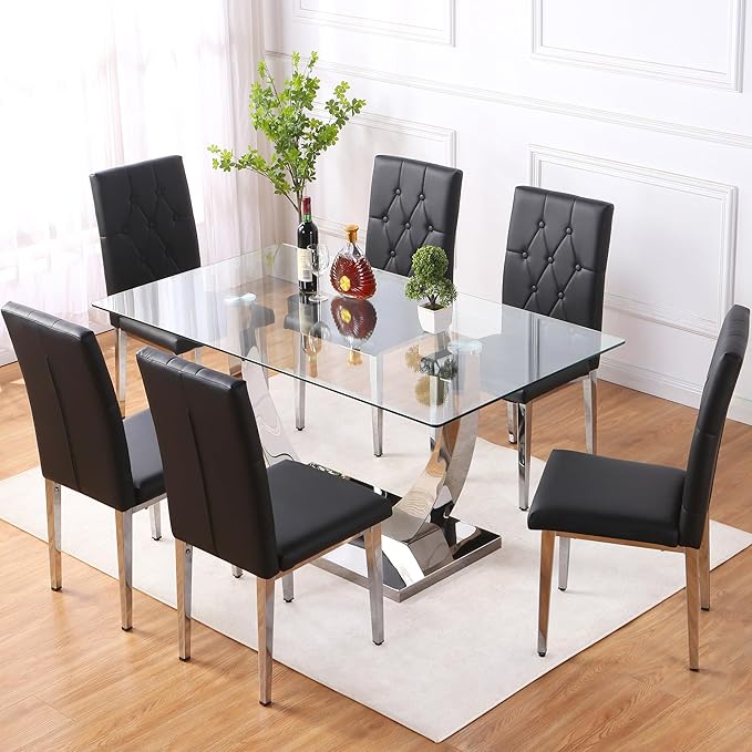 Modern Dining Table Set for 6, Glass Dining Table with 6 PU Leather Chairs, U-Shaped Legs and Rectangular Base