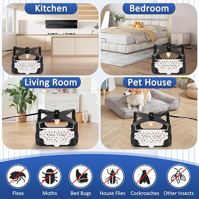 Flea Trap for Inside Your Home - 6 Bulbs & 8 Sticky Glue Boards for Bed Bug Control, Flying Insects Killer, Trap Pest Control for Bugs Gnats Moths Indoor and Outdoor(Black)