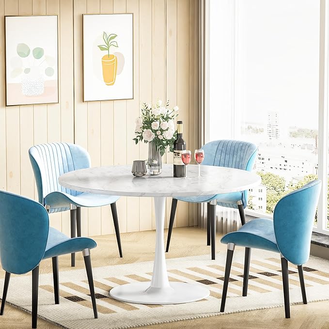 DKLGG White Marble Round Dining Table, 31.5" Tulip Kitchen Dining Table 2-4 People with MDF Top & Pedestal Base, Mid-Century End Table Leisure Coffee Office Living Room Table