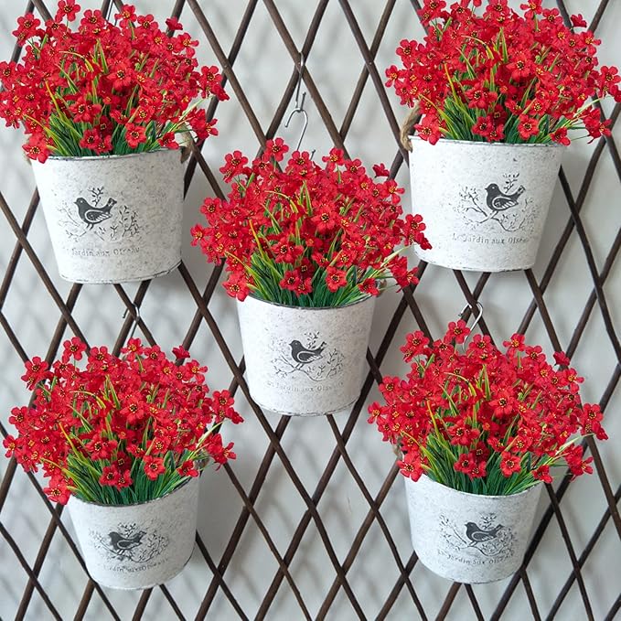 Lnoicy 12 Pcs Artificial Flowers for Outdoor,Plastic Flowers Decoration, UV Resistant Faux Flowers Shrubs, Artificial Plants for Indoor Outside Garden Home Wedding Farmhouse(Red)