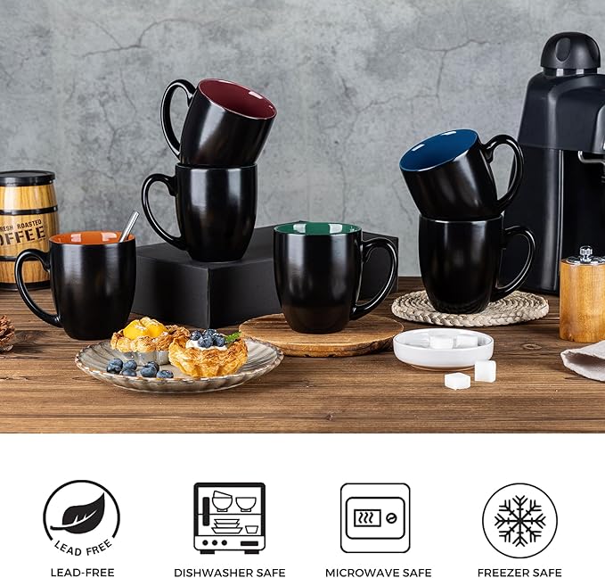 GBHOME 12oz Coffee Mugs Set of 6, Large Ceramic Coffee Mugs for Man, Woman, Dad, Mom, Modern Coffee Mugs Set with handle for Tea/Latte/Cappuccino/Milk/Cocoa. Dishwasher&Microwave Safe,Multi-Color