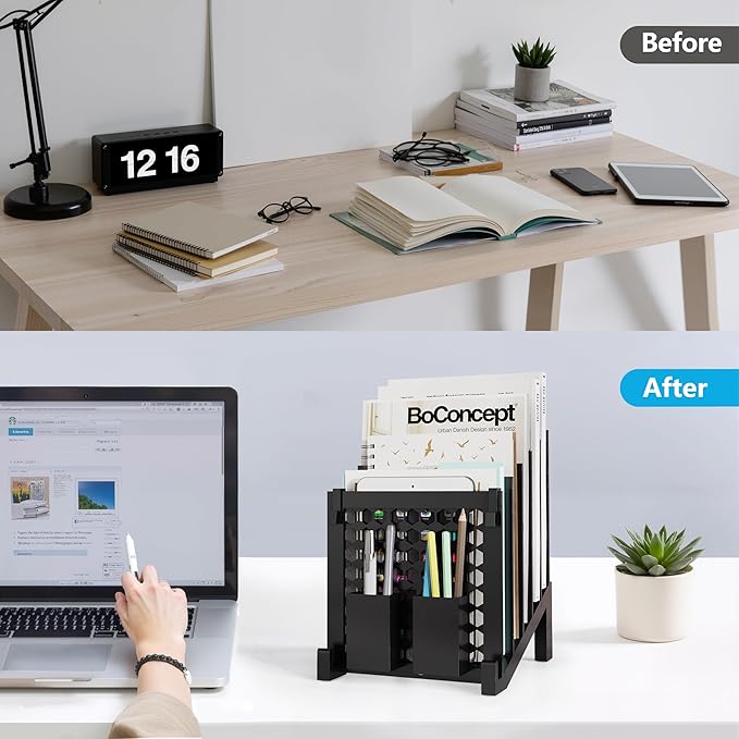 File Organizer for Desk with Storage Box & Hook, Inclined Desk File Organizer with 5-Section Vertical File Holder suitable for Home Office Document Organization(Black)