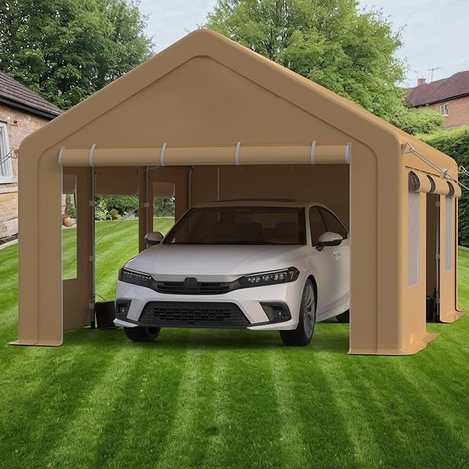 Heavy Duty Carport, Portable Garage with 4 Doors & 4 Window,Upgraded Carport with Reinforced Steel Poles, Uv Resistant All-Season Waterproof Tarp, for Car, Truck, Boat