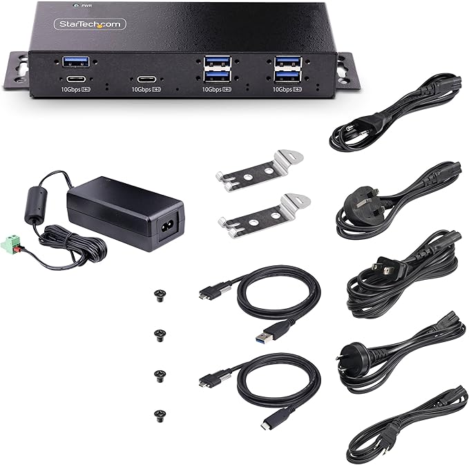 StarTech.com 7-Port Industrial USB 10Gbps Hub with Power Adapter, Metal, Mountable, 5X USB-A/2x USB-C Downstream Ports, TAA