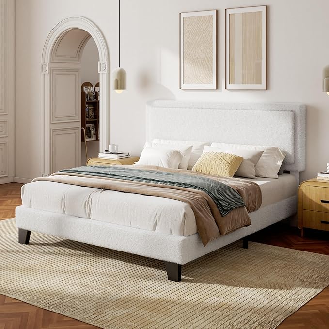 King Size Bed Frame, Boucle Platform Bed with Adjustable Upholstered Headboard, No Box Spring Needed, Easy Assembly, White