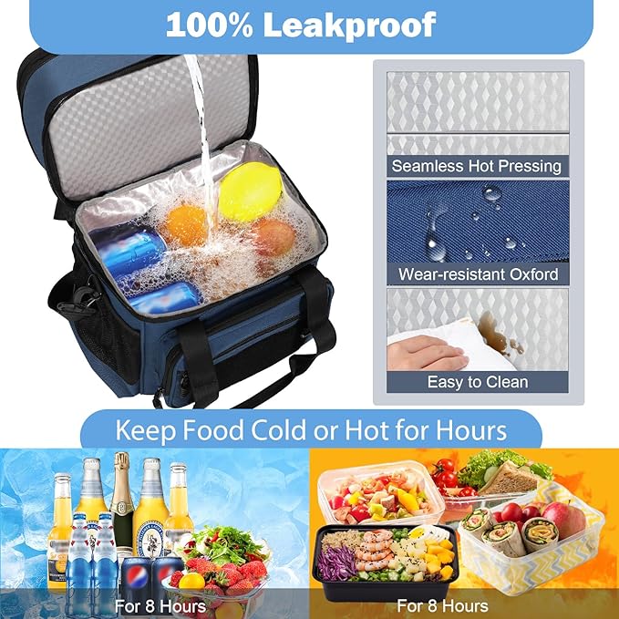 GLENKEY Double Deck Insulated Lunch Box, Expandable Xlarge Lunch Bag Leakproof Cooler Bag Lunch Pail for Men Women Adults Work Shifts Travel Daytrip,22L,Blue
