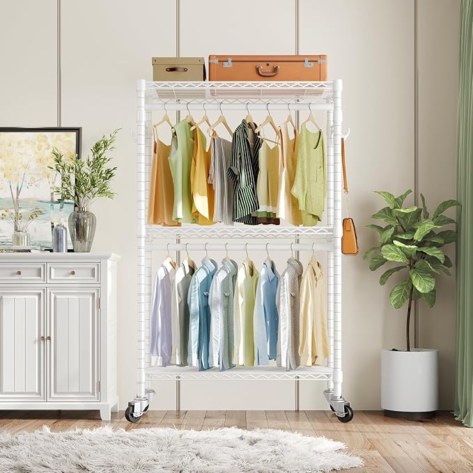 VIPEK R2 Heavy Duty Rolling Garment Rack 3 Tiers Adjustable Clothes Racks with Double Rods & Hooks, Freestanding Wardrobe Closet Storage Rack Metal Clothing Racks for Hanging Clothes, White