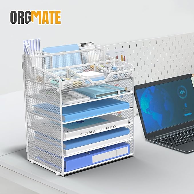 6 Tier Mesh Desk Organizer,Multi Functional Letter Paper Tray with 3 Pen Holders and 5 Adjustable Storage Compartments for Office Supplies Files and Mail Space Saving Desktop Organizer-White