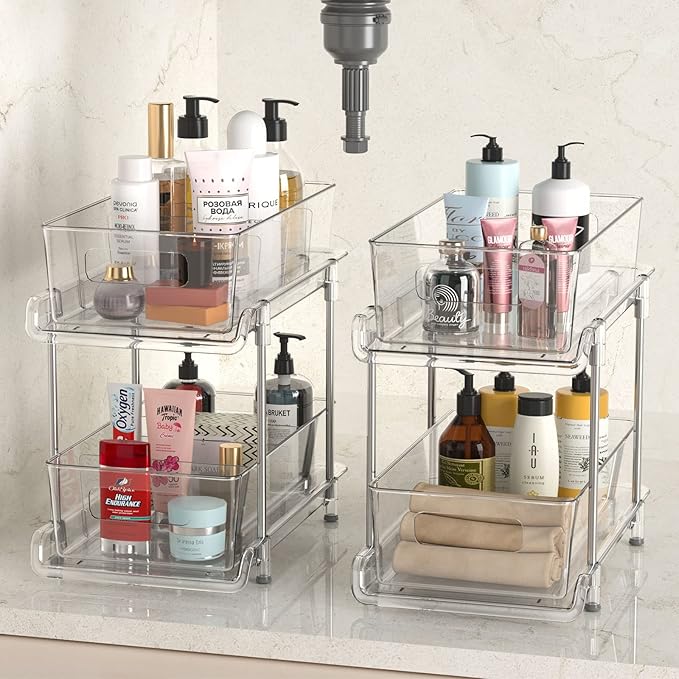 HIHEGD 2 Tier Bathroom Storage With Dividers, Clear Under Sink Pull Out Organizer for Kitchen Pantry, Medicine Cabinet