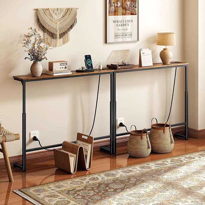 Kitstorack 2-Pack Rustic Brown Console Table, 7.9" Deep Panel, Adjustable Height (25"-33") & Built-in Power Outlets, Behind Sofa Couch, Includes 4.9' Power Cord - 79" L