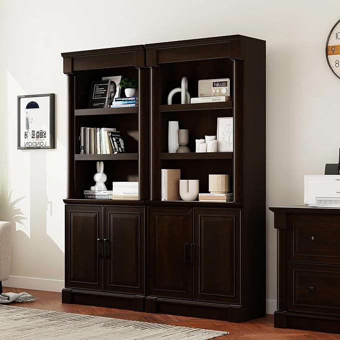 72" Roman Column Bookcase with Double Door Cabinet, 5 Tiers Tall Bookshelf Storage and Anti Tip Kit, Classic American European Modern Multi Style Design for Living Room Study Office, Dark Cherry