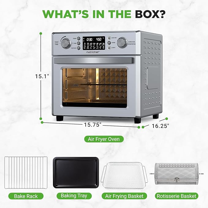 NutriChef 26QT Air Fryer Oven | Countertop Convection Toaster & Air Fryer | 360° Rotisserie Feature | 10 Digital Presets | Includes Drip Tray, Air Frying Basket & Bake Rack 15x16x14 | Stainless Steel