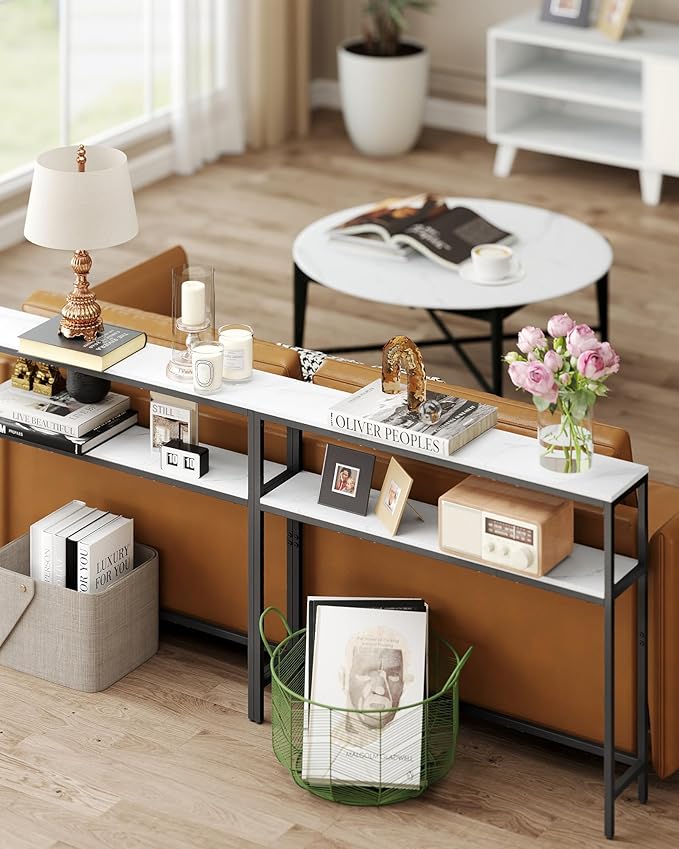 VASAGLE Console Table, 2-Tier Narrow Sofa Table with 2 Shelves, 7.9 x 39.4 x 31.5 Inches, for Living Room, Hallway, Entryway, Marble White and Ink Black ULNT131W59V1