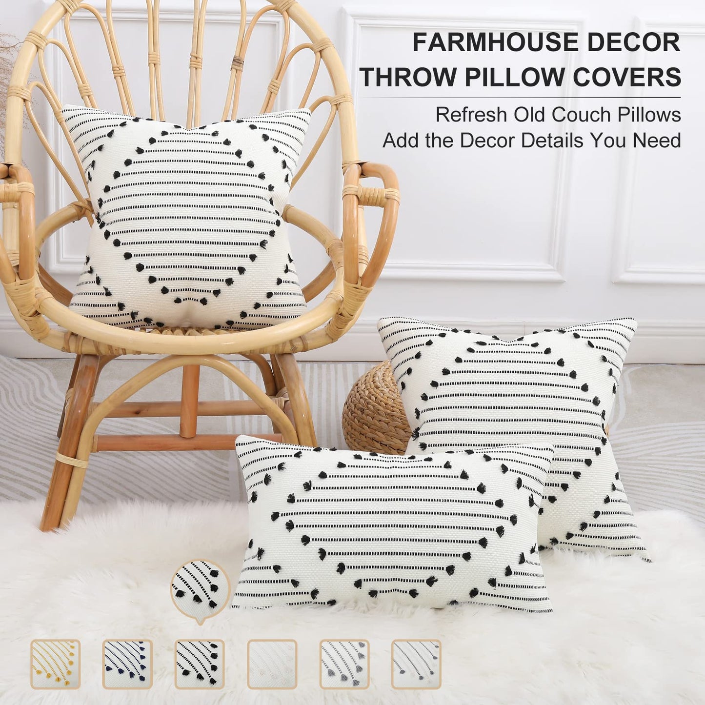 Mecatny Boho Outdoor Throw Pillow Covers 18X18 Set of 2, Farmhouse Decorative Summer Pillow Covers for Couch Sofa Living Room, Black & Cream White