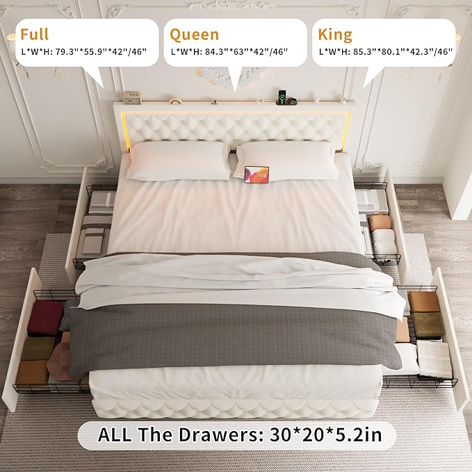 Full Bed Frame with 4 Storage Drawers, Velvet Upholstered Bed Frame Full Size with Charging Station and LED Lights, 46" Adjustable Button Tufted Headboard, No Box Spring Needed, Beige
