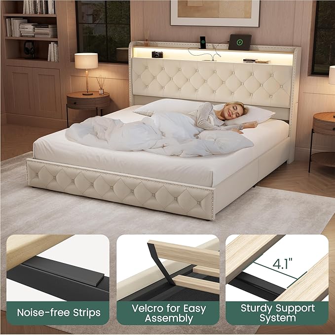 LARMACE Bed Frame King Size Platform Upholstered Bed Frame with 4 Storage Drawers Modern Velvet Tufed with Headboard USB Charging Station&Led Lights,No Box Spring Needed, Easy Assembly, Beige
