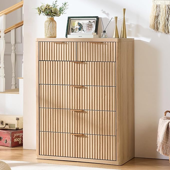 LEYAOYAO Fluted 6 Drawers Dresser for Bedroom Set of 2, 42" Tall Modern Chest of Drawers with Metal Handle, Curved Profile Design,Natural Wood Drawer Organizer for Bedroom, Living Room, Hallway
