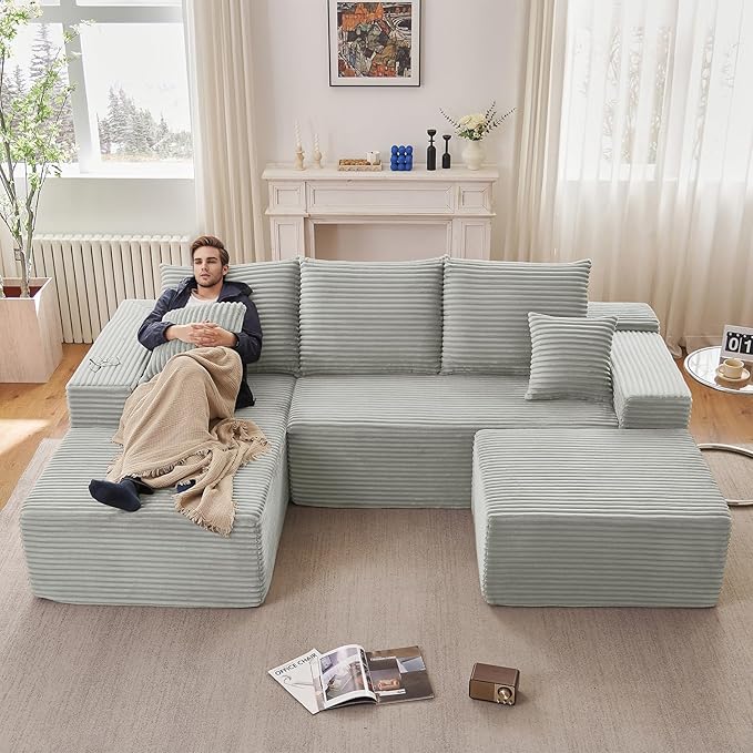 107" L-Shape Sofa with Ottoman, Modern Modular Sectional Comfy U-Shape Cloud Couch, Deep Seat, Upholstered Corduroy Sleeper Chaise Longue for Living Room Bedroom, No Assembly Required, Grey