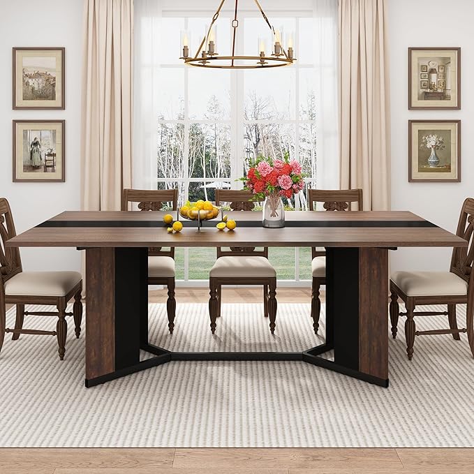 71 inch Dining Table for 4 5 6 | Modern Brown and Black Rectangular Kitchen Table W/Waterproof Wood Tabletop,Farmhouse Long Dining Room Tables W/Adjustable Legs&Wood Strip Base for Kitchen Living Room