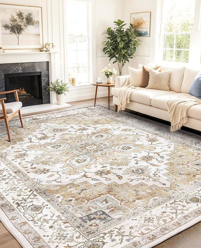 Amada 8x10 Area Rugs, Low-Profile Large Washable Area Rug with Non-Slip Backing & Durable Edge Binding, Vintage Rugs for Living Room, Bedroom, Dinning Room