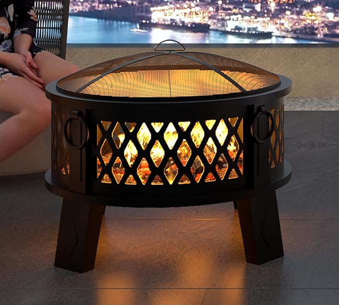 Fire Beauty 26" Steel Fire Pit with Grill & Diamond Mesh Design,360° Airflow Tech for 80% Less Smoke,XL Flames,Heavy-Duty Portable Outdoor Fire Bowl for Camping, Backyard, Beach (22lbs, 4 Handles)