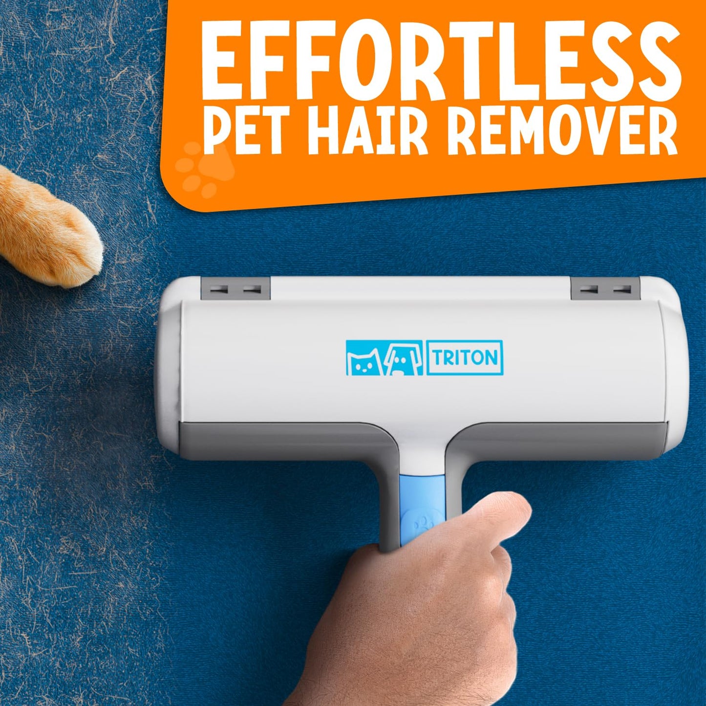 Triton Pet Hair Remover w/Fur Trapping Compartment - Easy to Use Pet Hair Removal Tool - Cat & Dog Hair Remover for Couch, Furniture, Clothes, Bedding, Car - Reusable Lint Roller