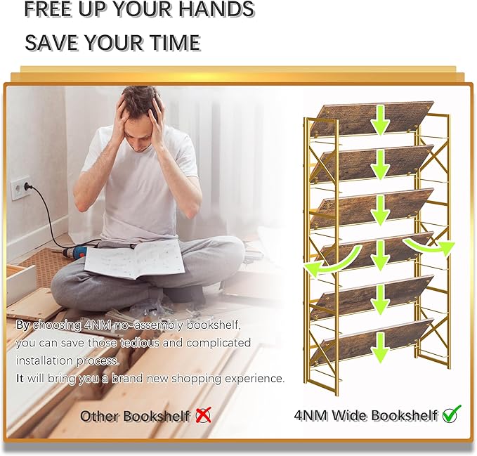 4NM Extra Wide 6 Tiers No Assembly Book Shelves, 61.8" H Folding Bookshelf Bookcase Open Industrial Foldable Shelves for Bedroom, Living Room, Home Office - Rustic Brown Gold