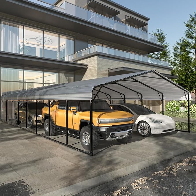 EROMMY 20x40 FT Metal Carport, Heavy Duty Carports with Galvanized Steel Roof and Frame, Sturdy Car-Shelter in All Weathers, Easy Assembly Car-Canopy for 2 Cars, SUV, Tractors and Boat, Gray