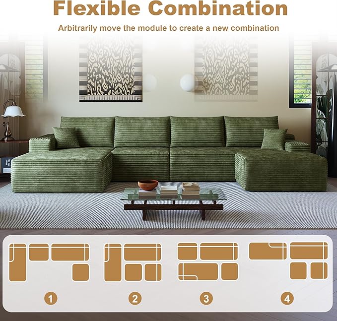 108" Sectional Couches for Living Room Modern Modular Sofa with L-Shape Couchs Upholstered Boneless Couch Deep Seat Sectional Couch with Chaise (Green, Left Facing Chaise+3Seaters+Ottoman)