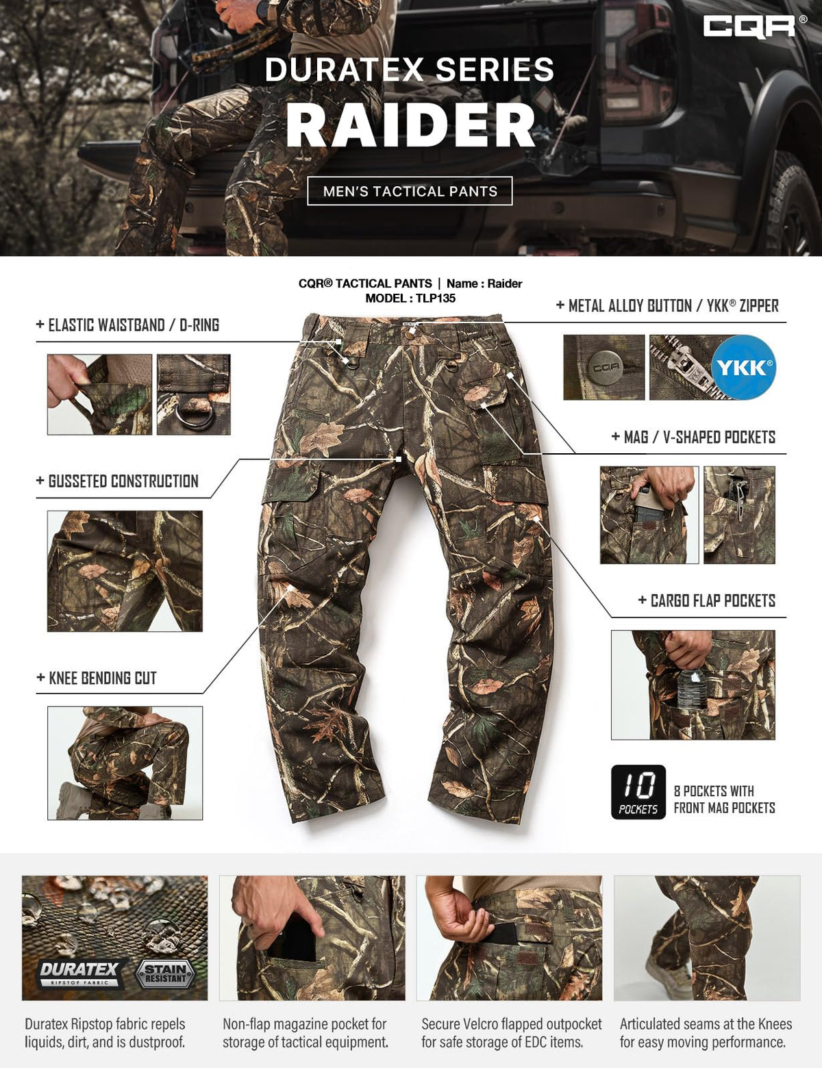 CQR Men's Tactical Pants, Water Resistant Ripstop Cargo Pants, Lightweight EDC Work Hiking Pants, Outdoor Apparel, Duratex Mag Pocket Print Hunting Camo, 34W x 34L